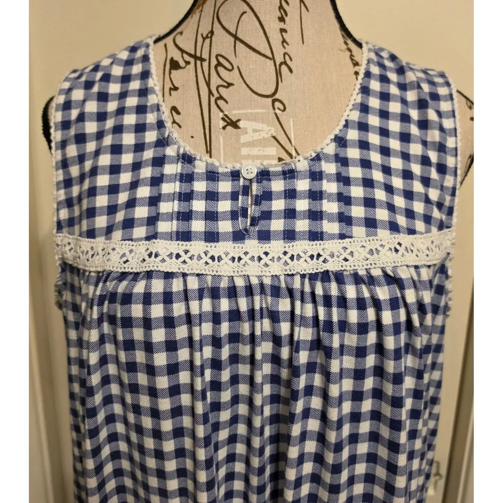 Croft & Barrow Blue White Gingham Sleeveless Nightgown Lace Trim Large